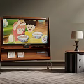 Wooden TV Stand With Screen Showing Children Eating And Side Table Lamp