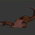 3D Rendered Red Dragon with Open Mouth Sharp Teeth and Wings Lying on Smooth Surface