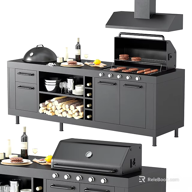 Black Outdoor Kitchen Grill Station With Burgers Wine Bottles Firewood And Cabinets 3d model 