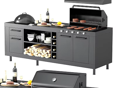 Black Outdoor Kitchen Grill Station With Burgers Wine Bottles Firewood And Cabinets 3d model