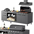 Black Outdoor Kitchen Grill Station With Burgers Wine Bottles Firewood And Cabinets