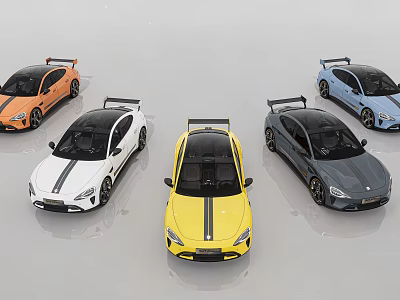 Colorful Sports Cars With Rear Spoilers In Various Hues Parked On Gray Surface 3d model