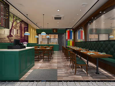 Modern Restaurant Interior With Green Counter Tables Chairs Mural And Colorful Accents 3d model