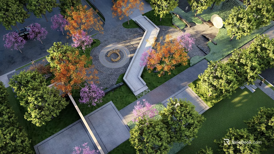 Scenic Landscape Wall With Colorful Trees Stone Path And Circular Plaza 3d model 
