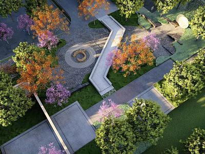 Scenic Landscape Wall With Colorful Trees Stone Path And Circular Plaza 3d model