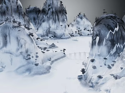 Traditional Chinese Ink Landscape Scene With Tall Mountains Scattered Trees Stone Bridge And Flowing River 3d model