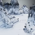 Traditional Chinese Ink Landscape Scene With Tall Mountains Scattered Trees Stone Bridge And Flowing River