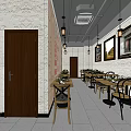 Bright Restaurant Interior With White Brick Wall Hanging Lanterns Display Counter And Tables 3d model