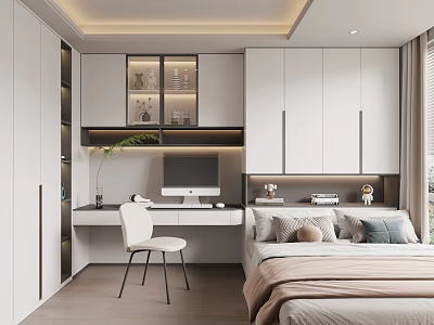 Modern Tatami Bedroom Interior With Cozy Pillows Desk Computer And Storage Cabinets 3d model