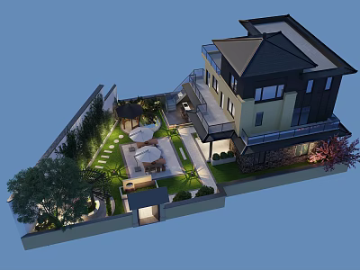 Modern Villa Courtyard Garden Landscape With Lush Greenery Outdoor Seating And Landscape Lighting 3d model