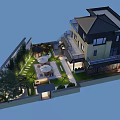 Modern Villa Courtyard Garden Landscape With Lush Greenery Outdoor Seating And Landscape Lighting