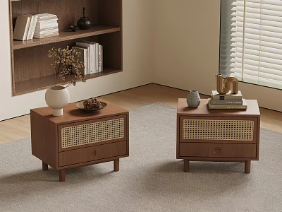 Retro Walnut Solid Wood Rattan Woven Bedside Table With Storage Drawers For Cozy Bedroom Decoration 3d model