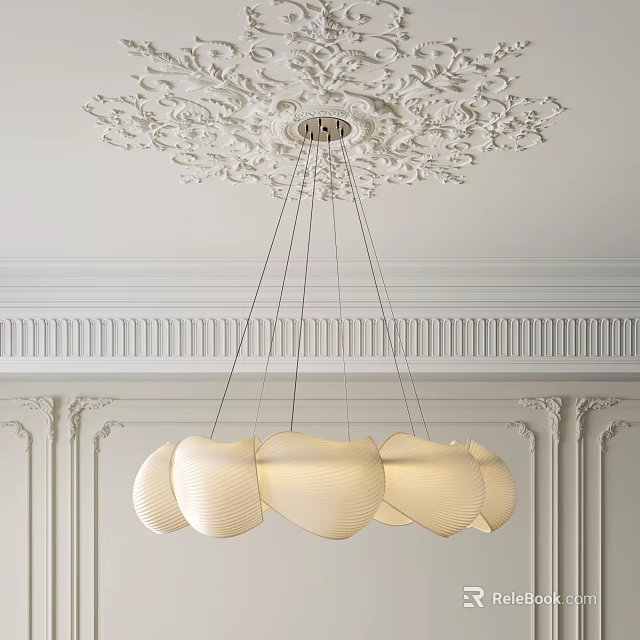 White Wave Shaped Chandelier Hanging From Ceiling With Carved Patterns And Classical Style Wall Decor 3d model 