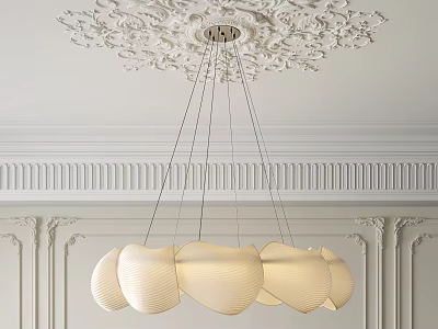 White Wave Shaped Chandelier Hanging From Ceiling With Carved Patterns And Classical Style Wall Decor 3d model