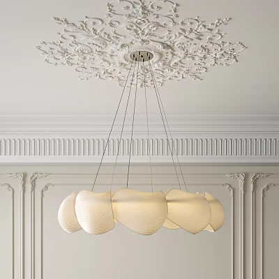 White Wave Shaped Chandelier Hanging From Ceiling With Carved Patterns And Classical Style Wall Decor 3d model