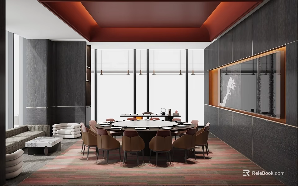 Luxury Box Interior With Round Dining Table Chairs Sofa Large Windows Dark Walls Red Ceiling 3d model 