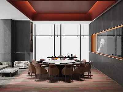 Luxury Box Interior With Round Dining Table Chairs Sofa Large Windows Dark Walls Red Ceiling 3d model
