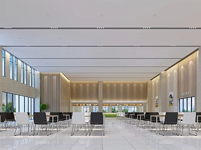 Spacious Modern Restaurant With Large Windows Neat Tables And Chairs Wooden Walls And Chandeliers 3d model