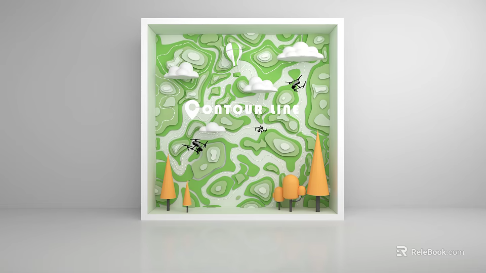 Window Display Decoration With Green Wavy Background Clouds Birds And Orange Trees 3d model 