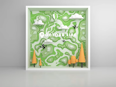 Window Display Decoration With Green Wavy Background Clouds Birds And Orange Trees 3d model