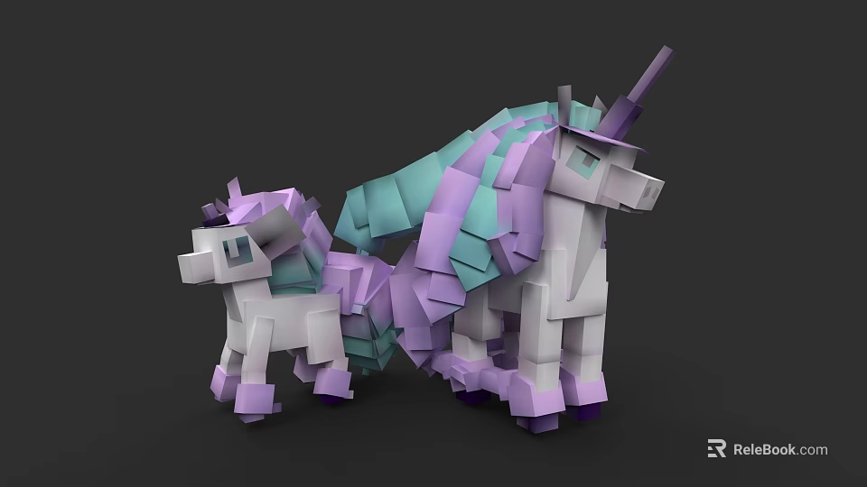 Low Poly Unicorn Models In Purple Green And White With Two Sizes For Decoration 3d model 