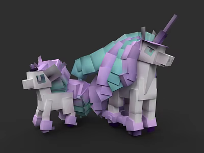 Low Poly Unicorn Models In Purple Green And White With Two Sizes For Decoration 3d model