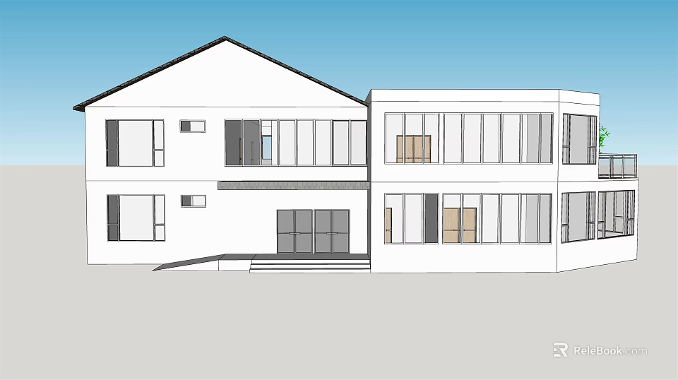 Modern Two Story House Exterior Design With White Facade And Large Windows 3d model 