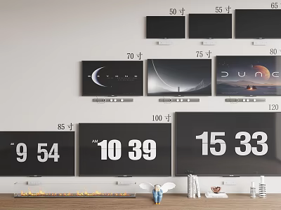 Wall Mounted TVs With Various Screen Sizes Displaying Time And Scenic Shots 3d model