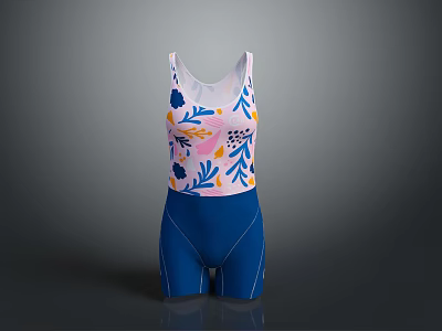 Colorful Floral Print White Tank Top With Blue Shorts Outfit 3d model