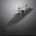 Detailed Military Warship Model With Gray White Hull Red Bow And Masts
