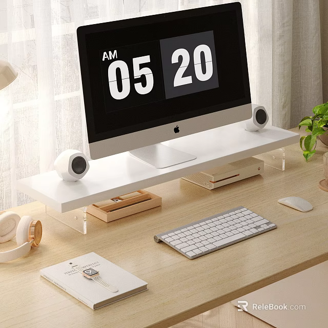 Stylish Desktop Decorative Ornament Set With Computer Monitor Keyboard Headphones Notebook And Green Plant 3d model 