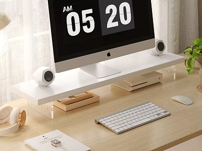 Stylish Desktop Decorative Ornament Set With Computer Monitor Keyboard Headphones Notebook And Green Plant 3d model