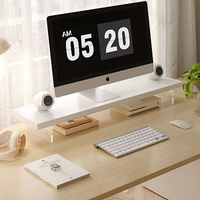 Stylish Desktop Decorative Ornament Set With Computer Monitor Keyboard Headphones Notebook And Green Plant 3d model