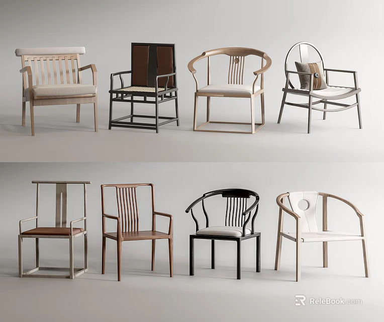 Various Design Armchairs With Wooden Frames And Different Upholstery Styles 3d model 