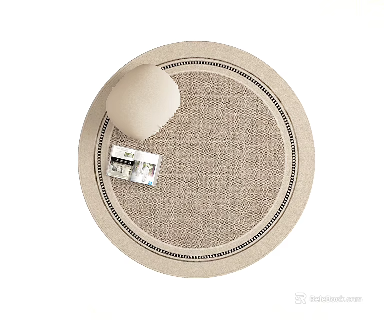Round Beige Linen Textured Carpet With Black Trim Edge White Decorative Sphere And Magazine 3d model 