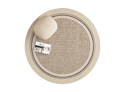 Round Beige Linen Textured Carpet With Black Trim Edge White Decorative Sphere And Magazine 3d model