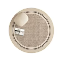 Round Beige Linen Textured Carpet With Black Trim Edge White Decorative Sphere And Magazine
