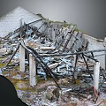 Collapsed Building Structural Components With Broken Wooden Beams And Concrete Debris 3d model