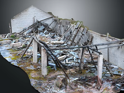 Collapsed Building Structural Components With Broken Wooden Beams And Concrete Debris 3d model