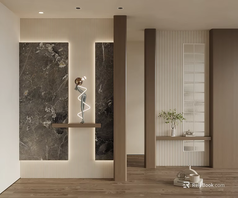 Modern Entryway Design With Marble Wall Wooden Accents Decorative Ornaments And Plants 3d model 