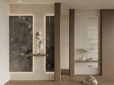 Modern Entryway Design With Marble Wall Wooden Accents Decorative Ornaments And Plants 3d model