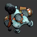 Game Fantasy Character Chubby Dwarf With Large Blue Beard Striped Clothing And Wooden Hammer