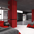 Carnation Exhibition Space With Red Pillars Gray Walls And Display Beds