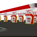 Modern Gas Station With Red White Canopy Multiple Fuel Pumps And Night Lighting