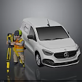 Surveyor With Safety Gear Using Yellow Surveying Equipment Near White Mercedes Van