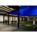 Traditional Chinese Courtyard Garden with Archway Entrance and Night Lighting Design