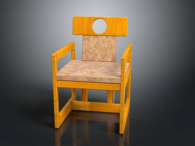 Yellowish Wooden Leisure Chair With Square Backrest Circular Cutout And Beige Fabric Seat 3d model
