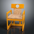 Yellowish Wooden Leisure Chair With Square Backrest Circular Cutout And Beige Fabric Seat