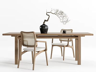 Wooden Dining Table With Woven Backrest Chairs White Cushion And Black Vase Dried Branches 3d model