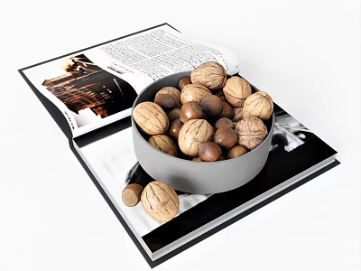Bowl of Walnuts and Hazelnuts Placed on Open Book with Images and Text 3d model